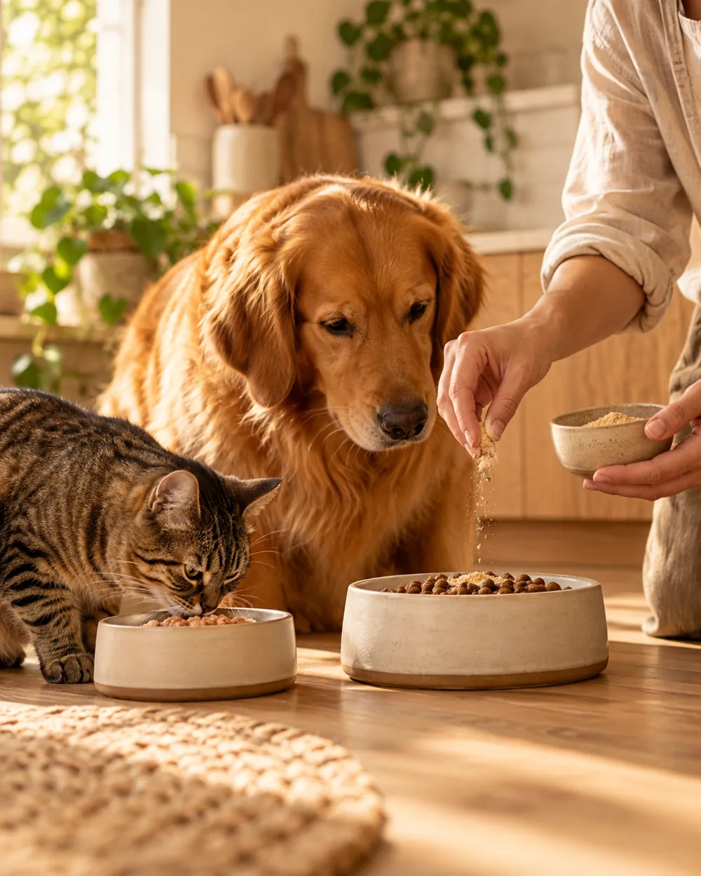Una persona añade algo a la comida de un perro y un gato, junto a sus platos