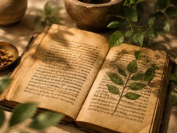 Libro antiguo de Ayurveda con hojas prensadas