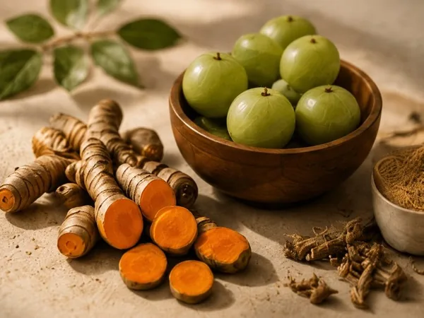 Cúrcuma, amla y hierbas ayurvédicas sobre la mesa