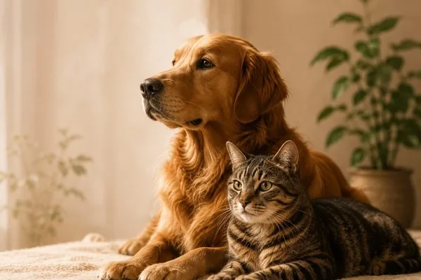 Perro y gato descansando juntos en casa