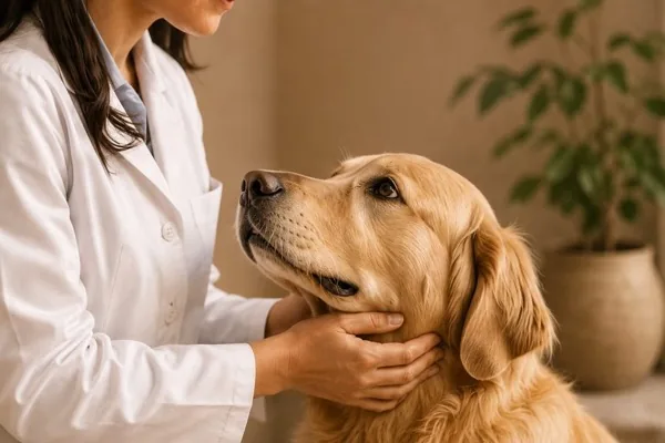 Veterinaria revisando con cariño a un perro
