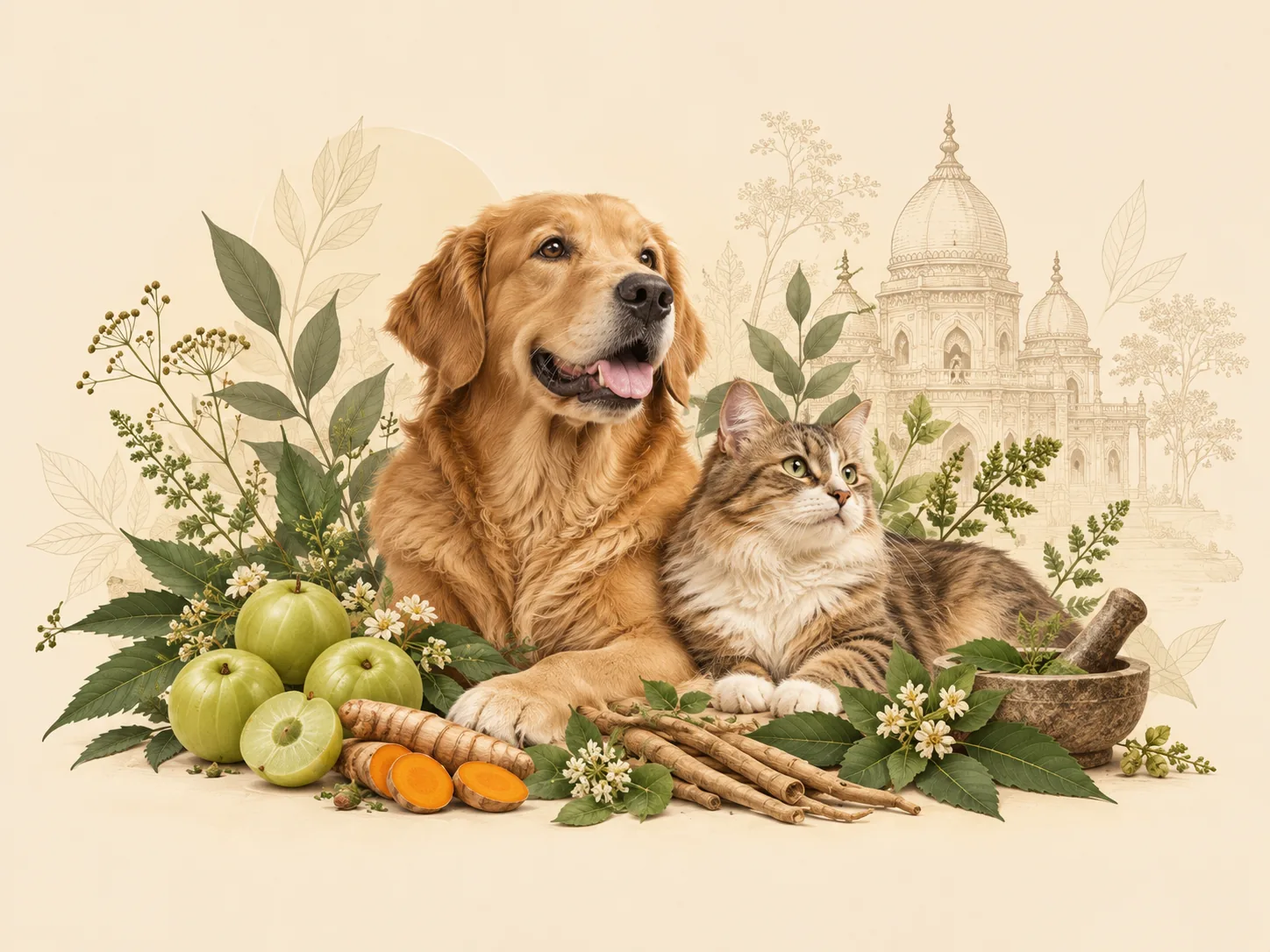 Un perro y un gato recostados entre plantas medicinales, con un templo de la India al fondo