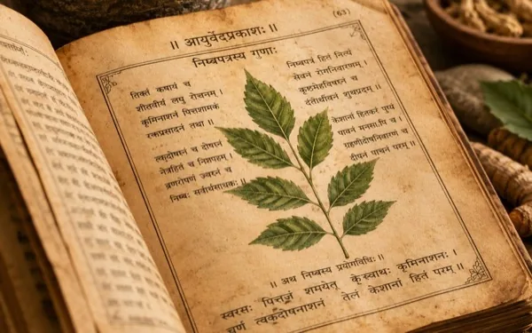 Libro antiguo de Ayurveda abierto con una hoja prensada