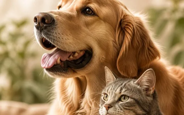 Perro golden retriever y gato descansando juntos