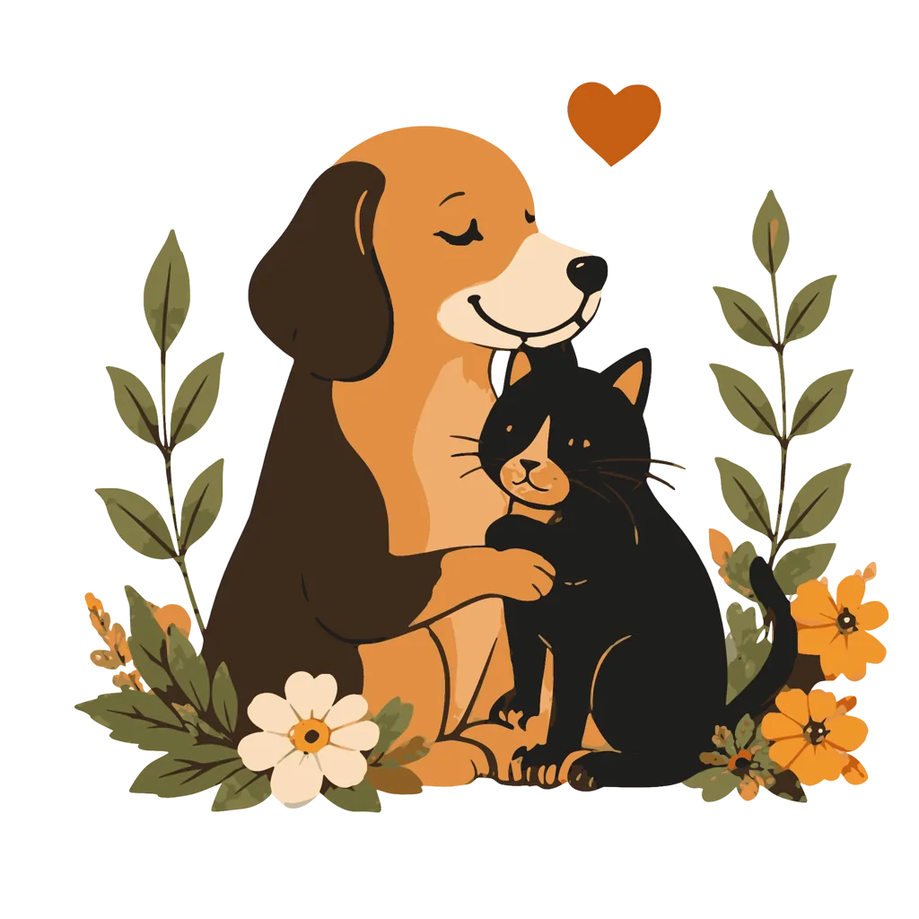 Ilustración de Naara Pet: un perro abraza a un gato rodeados de follaje y un corazón
